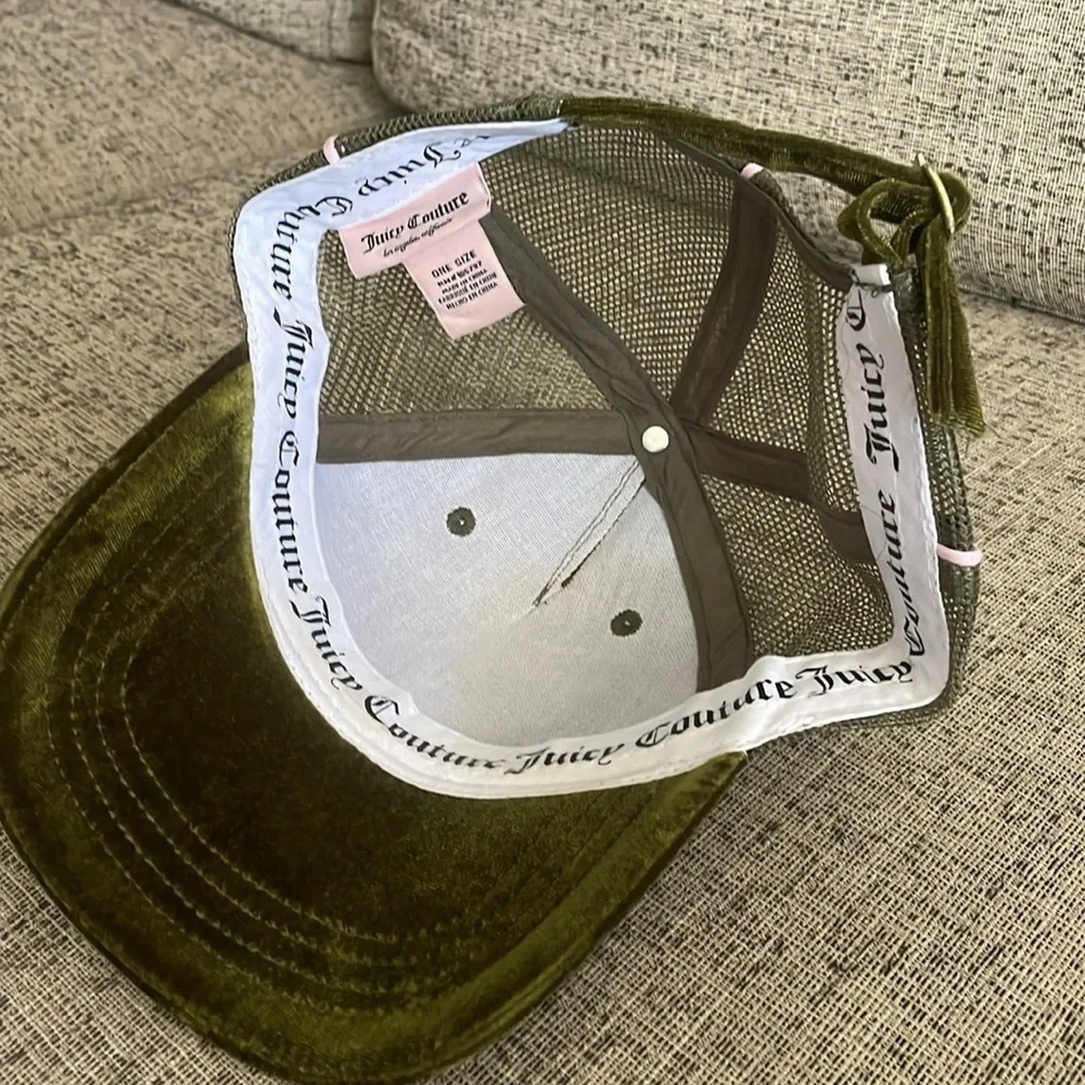 Juicy Couture Olive Green Velour Velvet Baseball Cap with Pink Crystal Logo‎